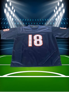 [Casual Outings] Men's #18 American Football Jersey - Navy Blue with Orange & White Stripes, V-Neck Short Sleeve for Team Sports, Training, and Casual Wear, Casual Outdoor Wear | Thletic Appearance | Durable Athletic Wear