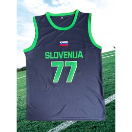 Men's #77 Embroidered Basketball Jersey - Breathable Polyester, V-Neck Sleeveless Sports Uniform for Training & Casual Wear, Machine Washable - Sizes S to 3XL, Classic Letter Embroidery Design