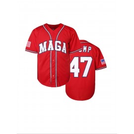 Men's #47 MAGA Baseball Jersey - Patriotic Red USA Flag Design, V-Neck, Short Sleeve, Breathable Polyester, 