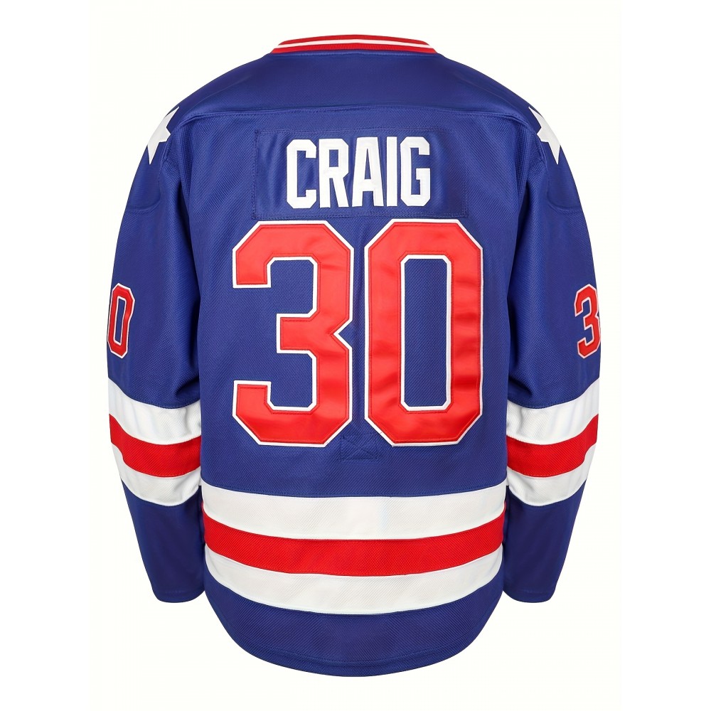 Men's #30 Vintage USA Team Blue Ice Hockey Jersey - Retro Stitched Letters & Numbers, Loose Fit, V-Neck, Long Sleeves, Polyester, S-XXXL, Machine Washable, Perfect for Casual Wear, Sports, Parties & Outdoor Activities