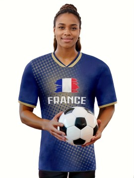 Women's Plus Size France Soccer Jersey - V-Neck, Short Sleeve, Breathable & Lightweight Polyester Sports Tee with French Flag Design, Moisture-Wicking, Perfect for Fans & Players, Soccer Accessories