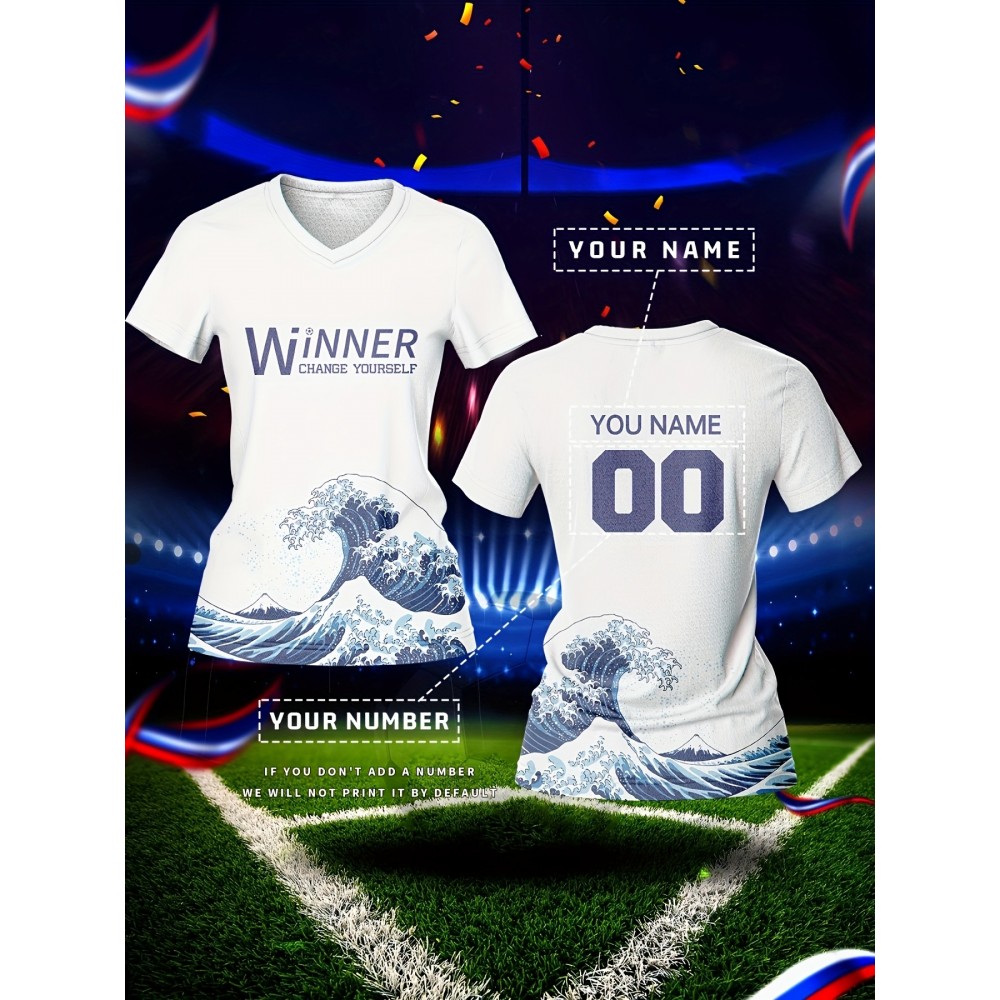Customized Women's V-Neck Football Jersey - Personalized Name & Number, Breathable Quick-Dry Fabric, Japanese Wave Print Design for Team Training, Fitness & Casual Wear (Spring/Summer/Fall), Personalized Football Jersey, Quickdry Sportswear