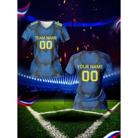 Custom Name & Number Women's V-Neck Football Jersey - Blue & Black Checkered Design, Breathable & Quick-Dry Polyester Sports Top for Team Training, Fitness & Casual Wear