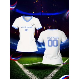 Customizable Women's V-Neck Soccer Jersey - Personalized Name & Number, Breathable Polyester, Quick-Dry Sports Top with Blue Accents for Team Training & Casual Wear, Team Apparel | Customizable Soccer Shirt | Knit Construction
