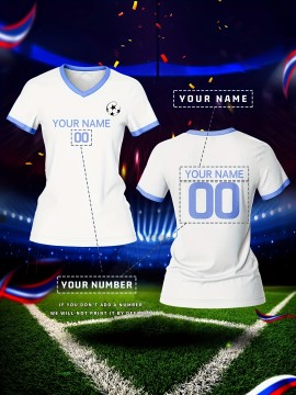 Customizable Women's V-Neck Soccer Jersey - Personalized Name & Number, Breathable Polyester, Quick-Dry Sports Top with Blue Accents for Team Training & Casual Wear, Team Apparel | Customizable Soccer Shirt | Knit Construction