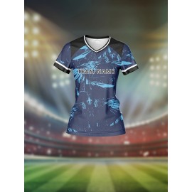 Customizable Women's V-Neck Soccer Jersey - Personalized Name & Number, Breathable Polyester, Quick-Dry Athletic Top for Team Sports, Fitness & Casual Wear, Blue & Black Retro Design, Team Sports Apparel | Athletic Team Uniform | Comfortable Fit