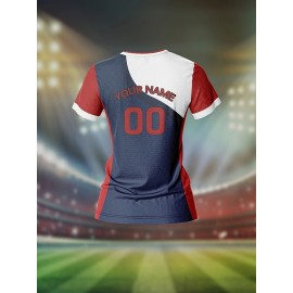 Customizable Women's V-Neck Football Jersey - Personalized Name & Number, Breathable Polyester, Quick-Dry Sports Top for Team Training, Casual Wear, and Fitness - Dark Blue with Red Sleeves
