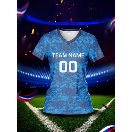 Customizable Women's V-Neck Football Jersey - Personalized Name & Number, Breathable Polyester, Quick-Dry Sports Top for Team Training, Casual Wear, and Fitness - Blue Camouflage Design