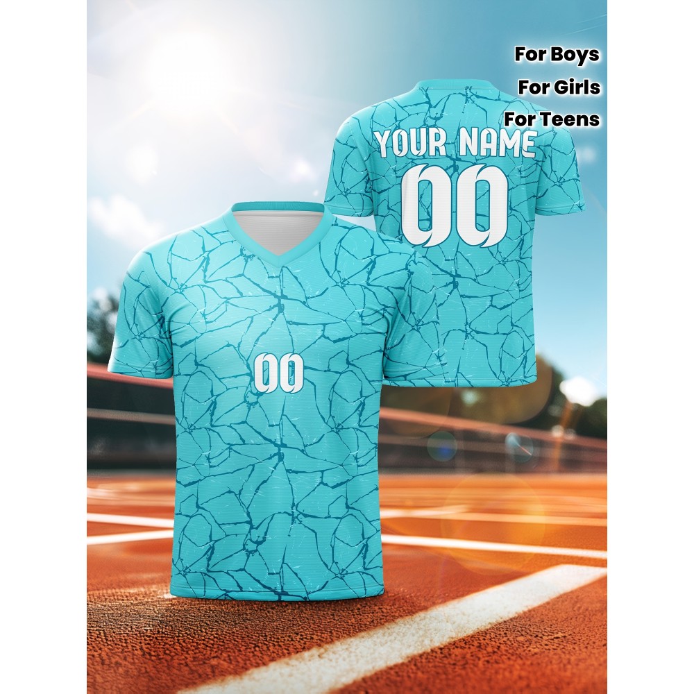 Customizable Kids Soccer Jersey with Name and Number, Polyester V-Neck Sports Shirt, Medium Stretch Knit Fabric, All-Over Print, for Boys, Girls, and Teens, Casual, Running, Training, and Daily Wear, Spring/Summer/Fall