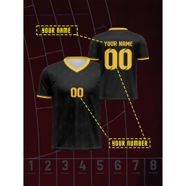 1pc Customizable Kids Soccer Jersey - Polyester V-Neck Football Top with Personalized Name & Number, Medium Stretch, All Over Print, Casual Sports Style for Boys & Girls, Perfect for Training, Beach, Weekend, Birthday - Knit Fabric, Regular Fit