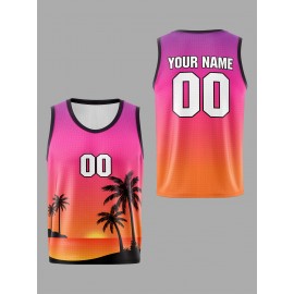 Custom Youngsters' Basketball Tank Top - Personalized Name & Number, Pink to Orange Gradient with Palm Tree Design, Breathable Polyester for Sports, Training, and Outdoor Play