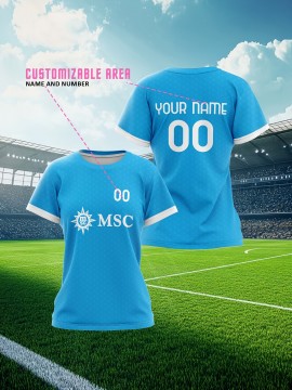 Customizable Women'S Plus Size Football Jersey - Personalized Team Name & Number, Breathable Outdoor Sports Shirt with Vibrant Blue & Pink Geometric Design, Perfect for Soccer Fans, Soccer Fan Apparel | Vibrant Jersey Design | Durable Fabric Shirt