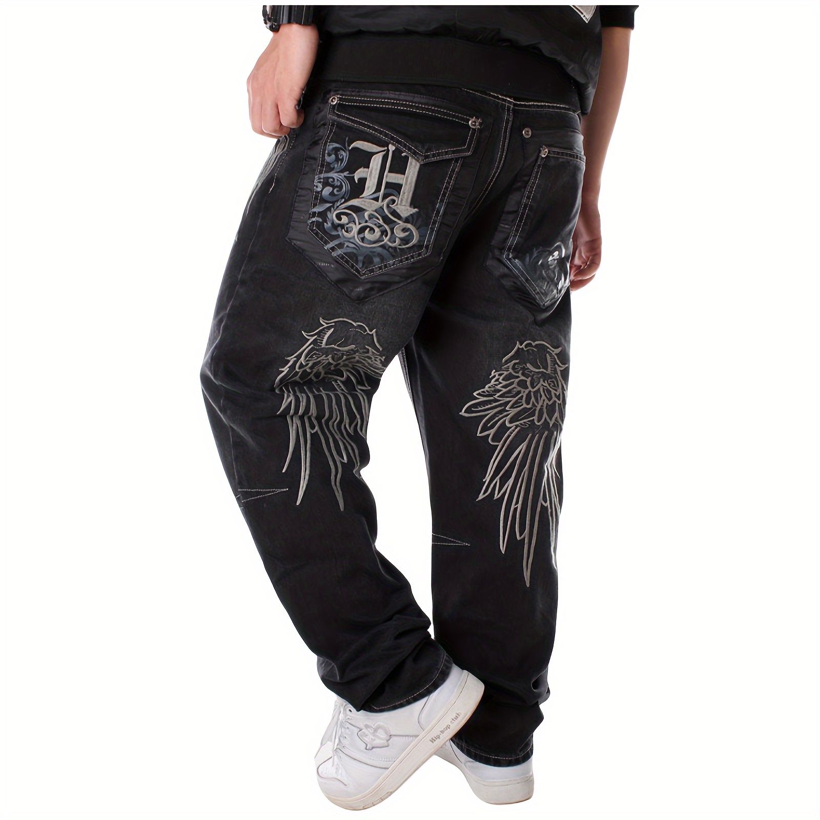 mens vintage straight leg jeans loose embroidery hip hop dance denim pants   details 0