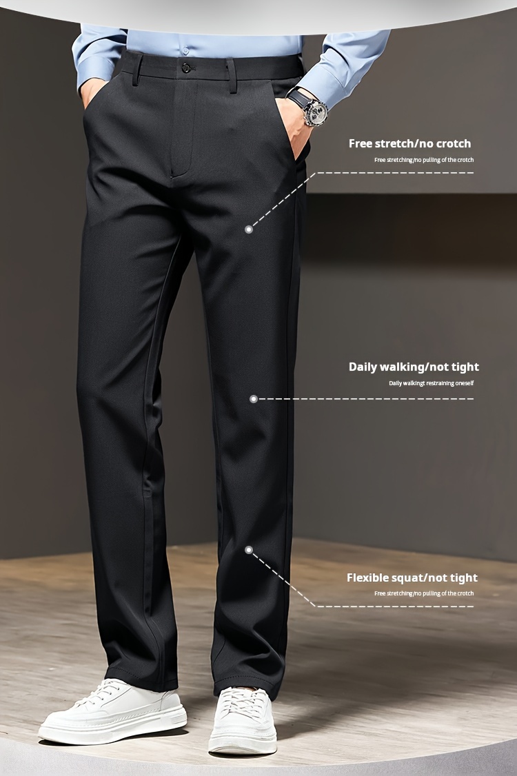 1pc   Men S Casual Straight-Leg Pants, Polyester Stretch, Solid Color, Zippered Waist, No Belt, Pocket Detail, Regular Fit, for   -   details 3