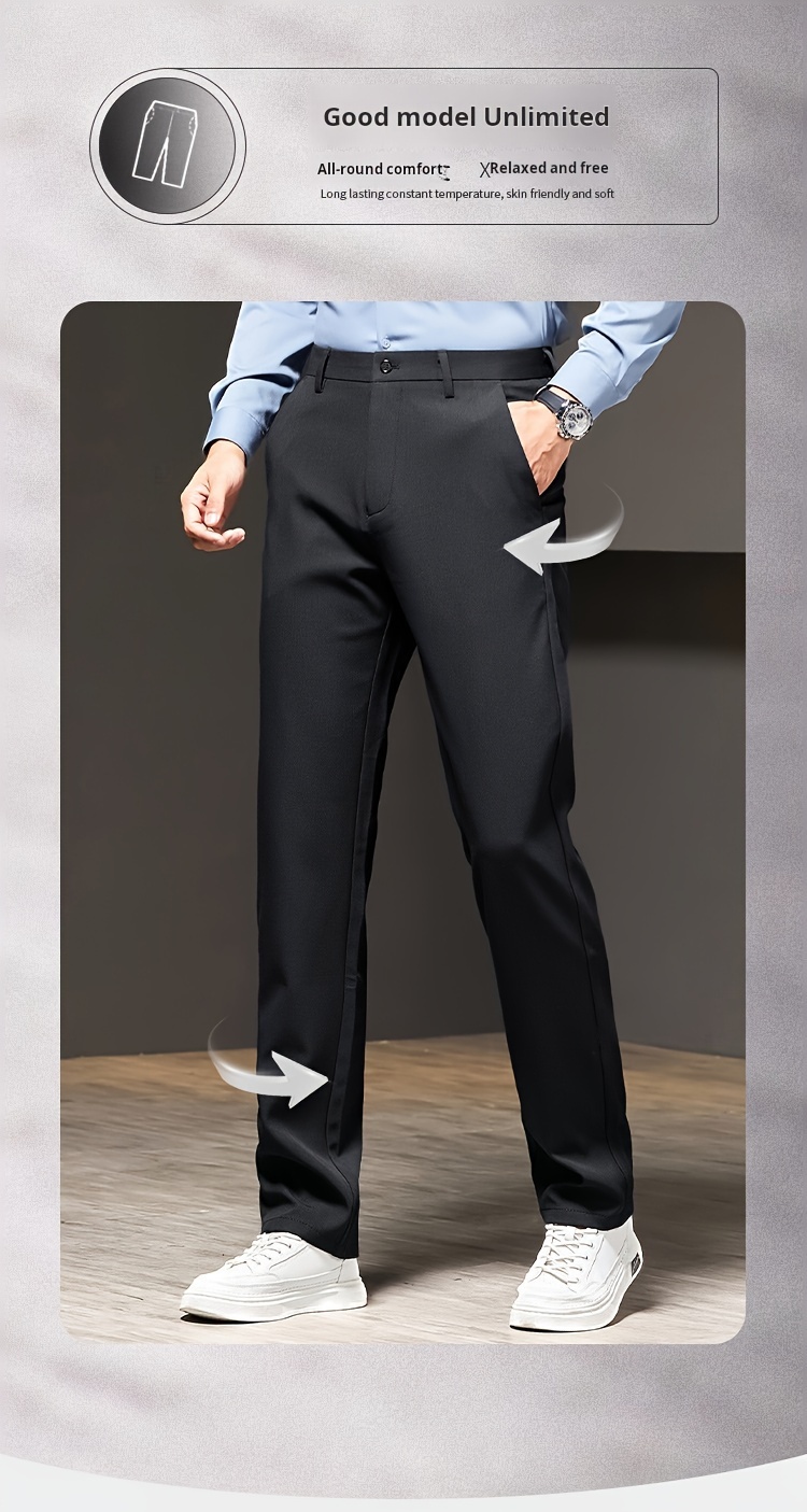 1pc   Men S Casual Straight-Leg Pants, Polyester Stretch, Solid Color, Zippered Waist, No Belt, Pocket Detail, Regular Fit, for   -   details 4