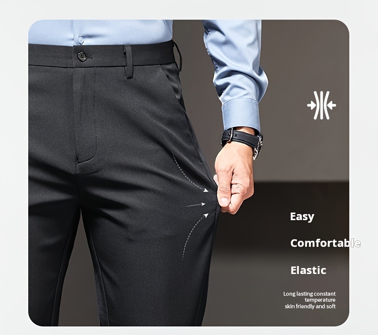 1pc   Men S Casual Straight-Leg Pants, Polyester Stretch, Solid Color, Zippered Waist, No Belt, Pocket Detail, Regular Fit, for   -   details 5